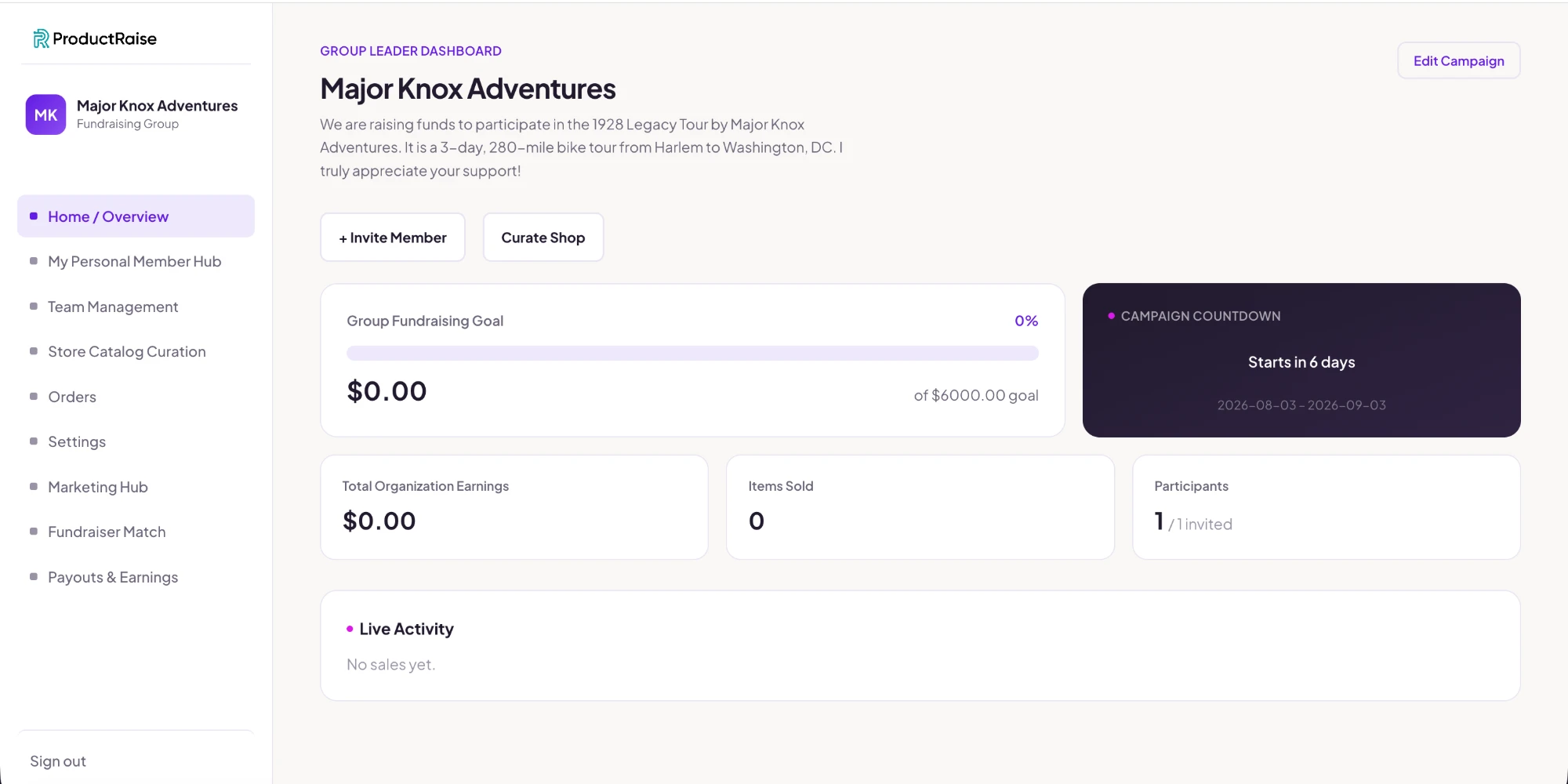 The Group Lead dashboard, showing goal progress, earnings, items sold, participants and a live activity feed.