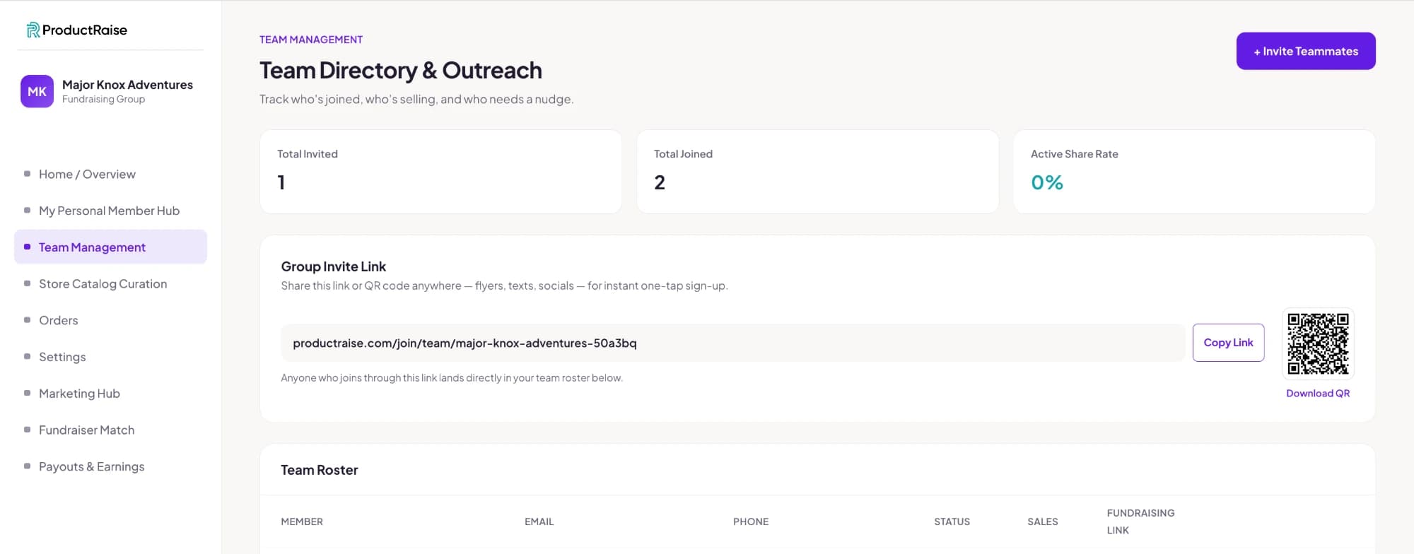 The Team Directory and Outreach screen, showing invited and joined counts, share rate, and the group invite link with a QR code.