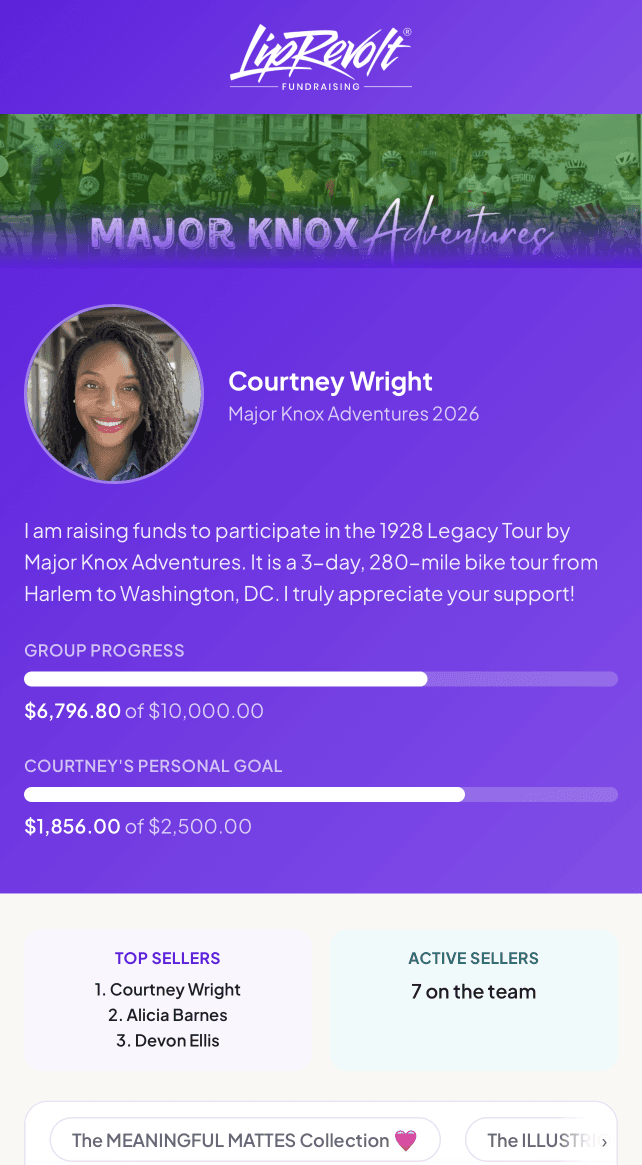 A LipRevolt fundraiser storefront on a phone: Courtney Wright of Major Knox Adventures 2026, $6,796.80 raised of a $10,000 goal, and seven sellers on the team.